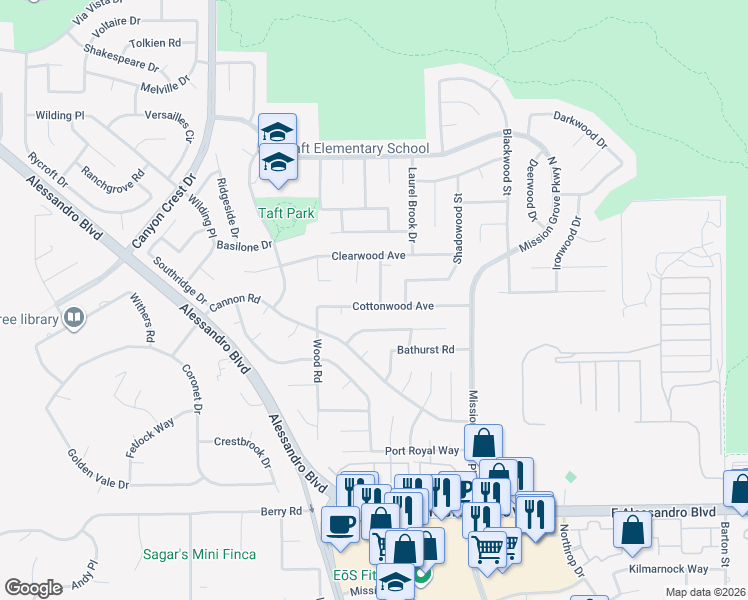 map of restaurants, bars, coffee shops, grocery stores, and more near 6963 Cypress Grove Drive in Riverside