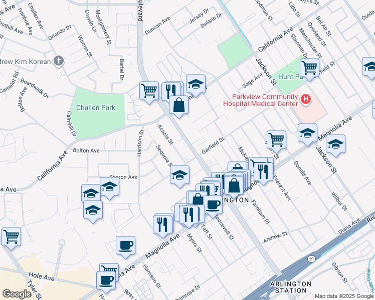 map of restaurants, bars, coffee shops, grocery stores, and more near 4042 Van Buren Boulevard in Riverside