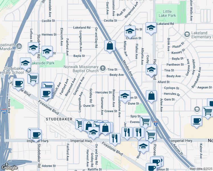 map of restaurants, bars, coffee shops, grocery stores, and more near 11909 Gard Avenue in Norwalk