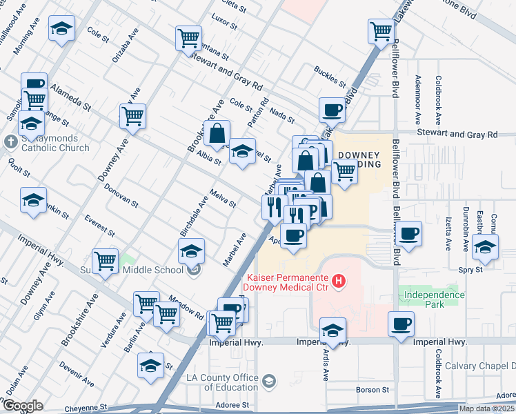 map of restaurants, bars, coffee shops, grocery stores, and more near 12201 Marbel Ave in Downey