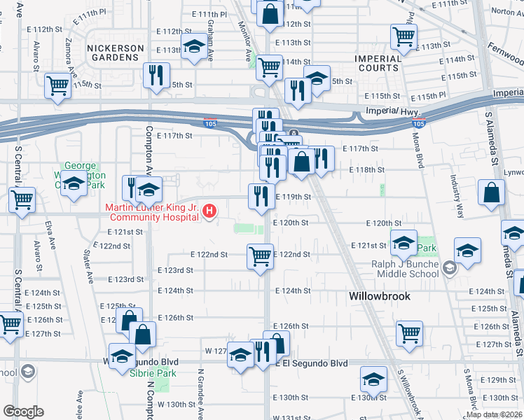 map of restaurants, bars, coffee shops, grocery stores, and more near 12021 Wilmington Avenue in Los Angeles