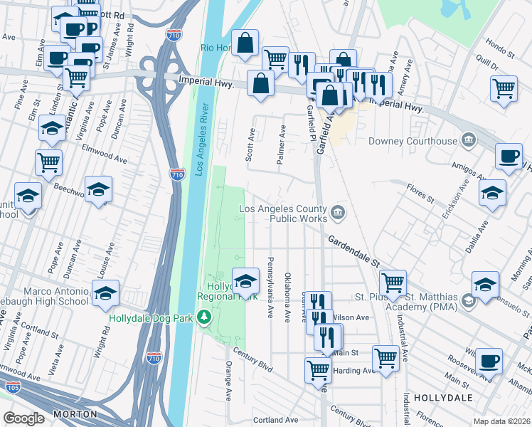 map of restaurants, bars, coffee shops, grocery stores, and more near 11313 Pennsylvania Avenue in South Gate