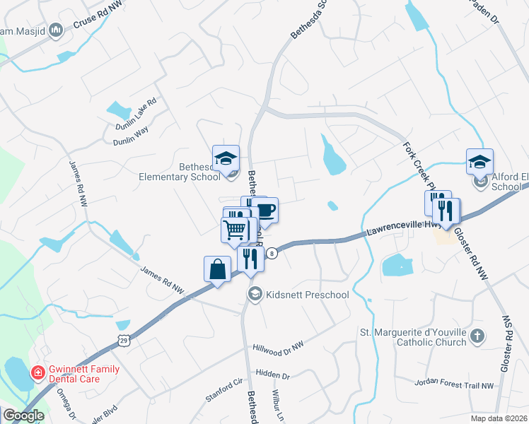 map of restaurants, bars, coffee shops, grocery stores, and more near 568 Musical Court in Lawrenceville