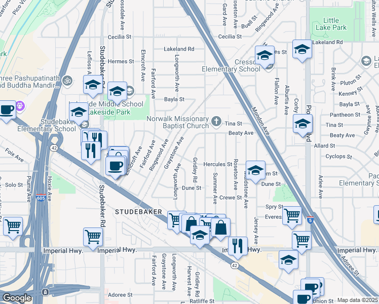 map of restaurants, bars, coffee shops, grocery stores, and more near 11922 Longworth Avenue in Norwalk