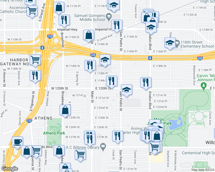 map of restaurants, bars, coffee shops, grocery stores, and more near 205 East 120th Street in Los Angeles