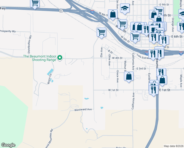 map of restaurants, bars, coffee shops, grocery stores, and more near 249 Veile Avenue in Beaumont
