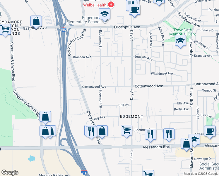 map of restaurants, bars, coffee shops, grocery stores, and more near 21817 Cottonwood Avenue in Moreno Valley