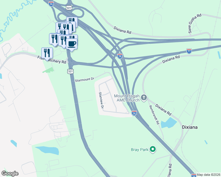map of restaurants, bars, coffee shops, grocery stores, and more near 1015 Starcrest Road in West Columbia