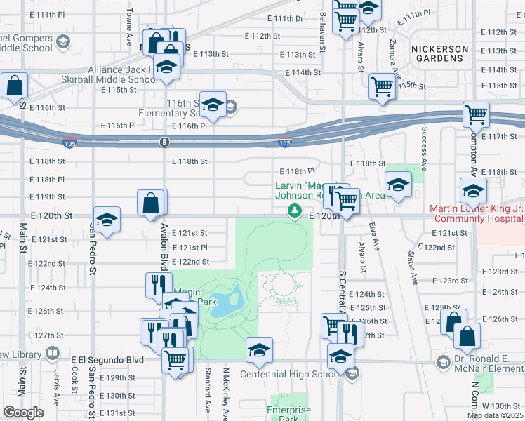 map of restaurants, bars, coffee shops, grocery stores, and more near 863 East 120th Street in Los Angeles