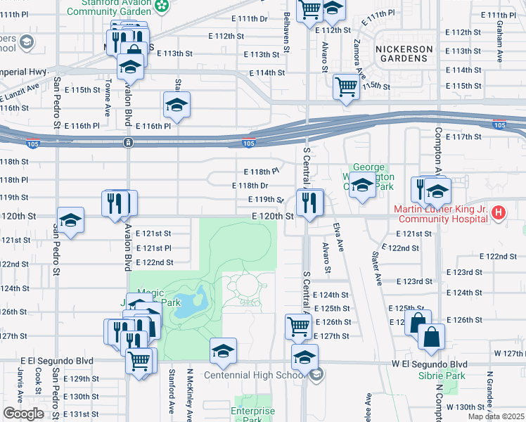 map of restaurants, bars, coffee shops, grocery stores, and more near 947 East 120th Street in Los Angeles