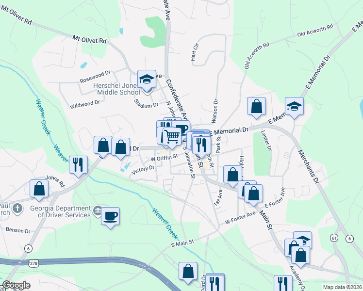 map of restaurants, bars, coffee shops, grocery stores, and more near 210 West Memorial Drive in Dallas