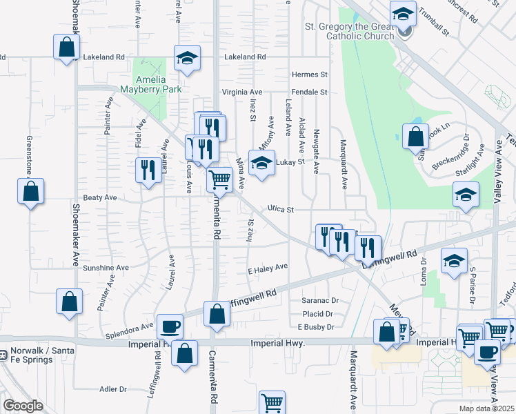 map of restaurants, bars, coffee shops, grocery stores, and more near 13495 Meyer Road in Whittier