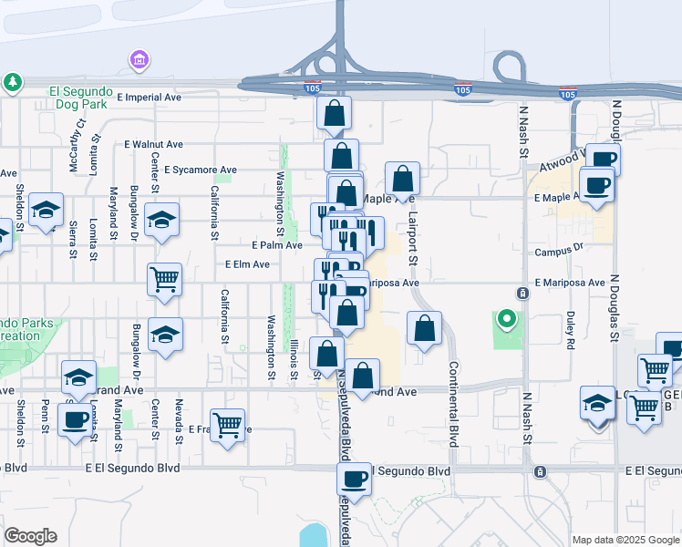 map of restaurants, bars, coffee shops, grocery stores, and more near 622 California 1 in El Segundo