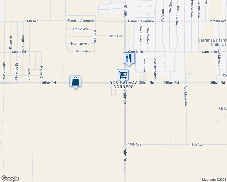 map of restaurants, bars, coffee shops, grocery stores, and more near 66455 Dillon Road in Desert Hot Springs