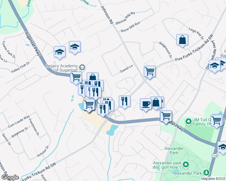 map of restaurants, bars, coffee shops, grocery stores, and more near 590 Summerstone Lane in Lawrenceville
