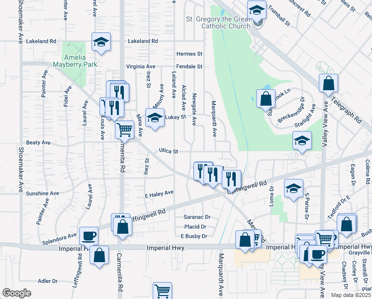 map of restaurants, bars, coffee shops, grocery stores, and more near 13621 Utica Street in Whittier