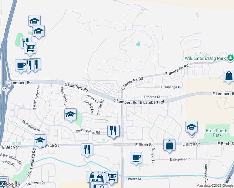 map of restaurants, bars, coffee shops, grocery stores, and more near 2583 Sandpebble Lane in Brea