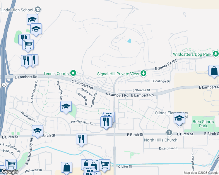 map of restaurants, bars, coffee shops, grocery stores, and more near 2583 Sandpebble Lane in Brea