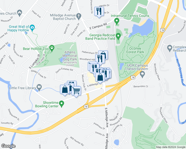 map of restaurants, bars, coffee shops, grocery stores, and more near 2026 South Milledge Avenue in Athens