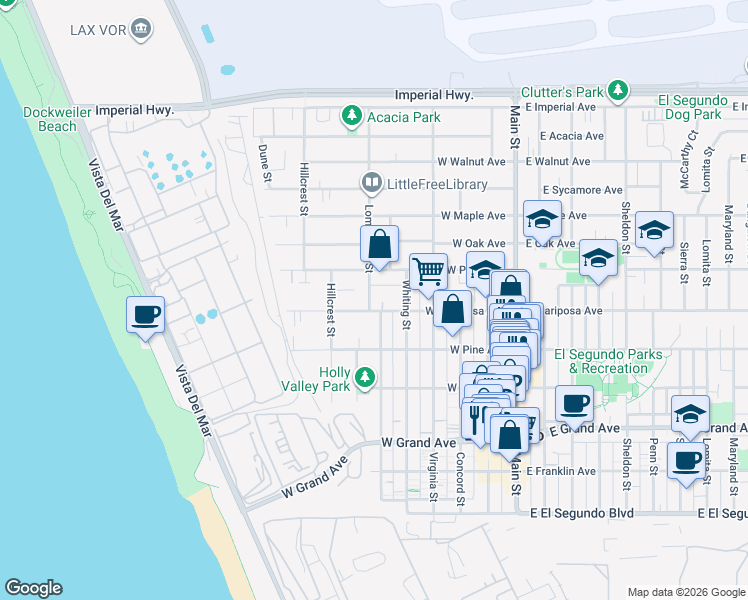 map of restaurants, bars, coffee shops, grocery stores, and more near 614 Loma Vista Street in El Segundo