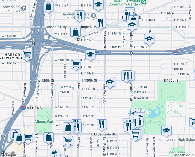 map of restaurants, bars, coffee shops, grocery stores, and more near 227 East 120th Street in Los Angeles