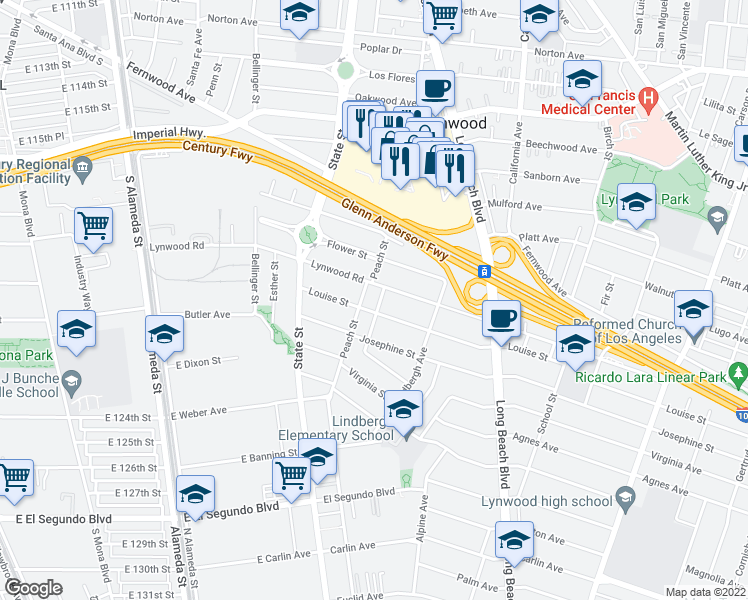 map of restaurants, bars, coffee shops, grocery stores, and more near 11617 Monrovia Avenue in Lynwood