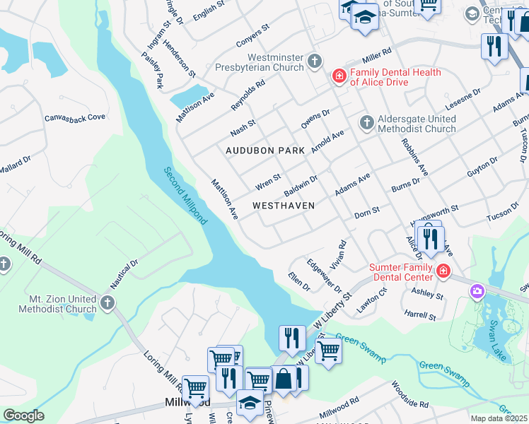 map of restaurants, bars, coffee shops, grocery stores, and more near 728 Baldwin Dr in Sumter