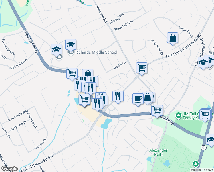 map of restaurants, bars, coffee shops, grocery stores, and more near 590 Summerstone Lane in Lawrenceville