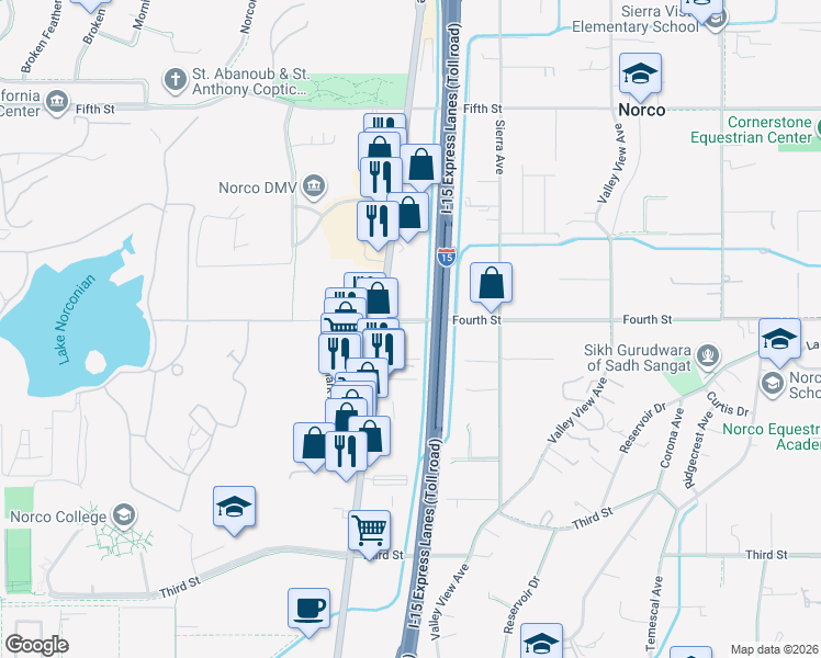 map of restaurants, bars, coffee shops, grocery stores, and more near 1652 4th Street in Norco