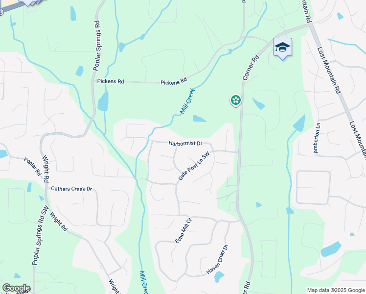 map of restaurants, bars, coffee shops, grocery stores, and more near 5657 Harbormist Drive in Powder Springs