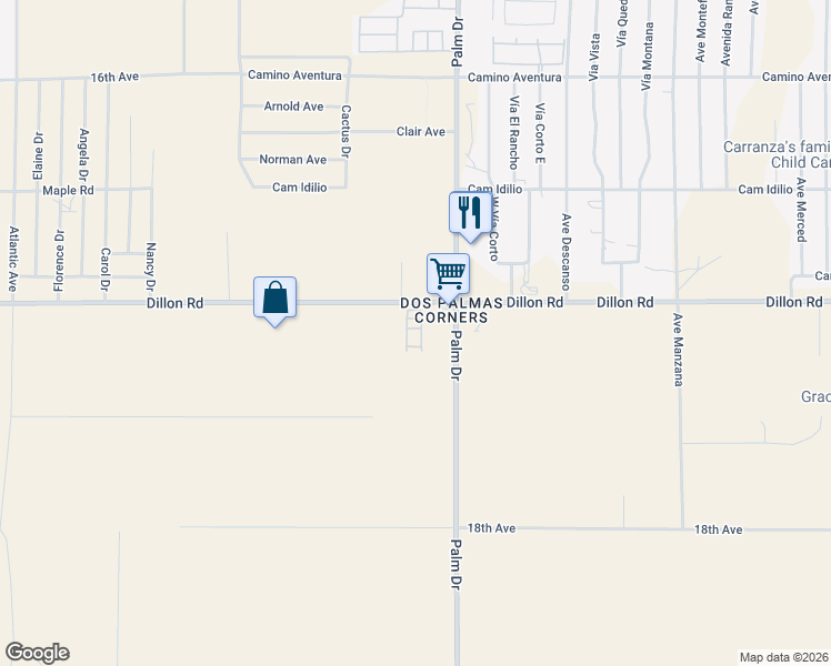 map of restaurants, bars, coffee shops, grocery stores, and more near 66455 Dillon Road in Desert Hot Springs