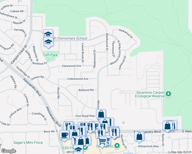 map of restaurants, bars, coffee shops, grocery stores, and more near 288 Cottonwood Avenue in Riverside
