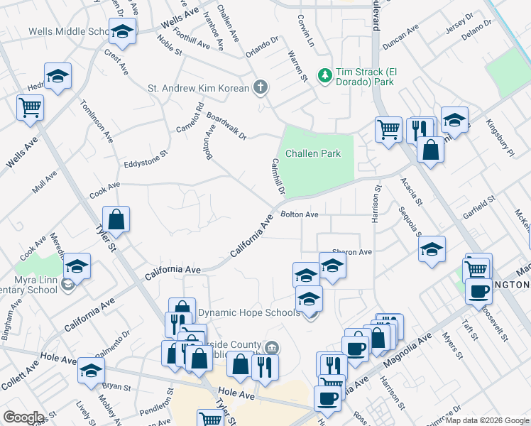 map of restaurants, bars, coffee shops, grocery stores, and more near 7710 Bolton Avenue in Riverside