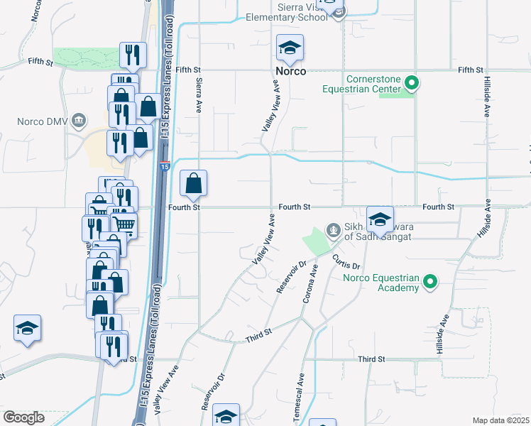 map of restaurants, bars, coffee shops, grocery stores, and more near 1330 4th Street in Norco
