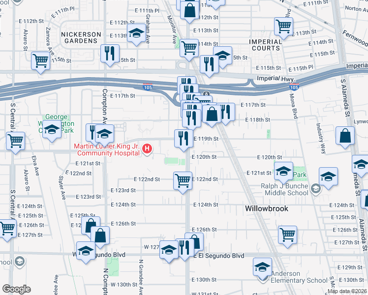 map of restaurants, bars, coffee shops, grocery stores, and more near in Willowbrook