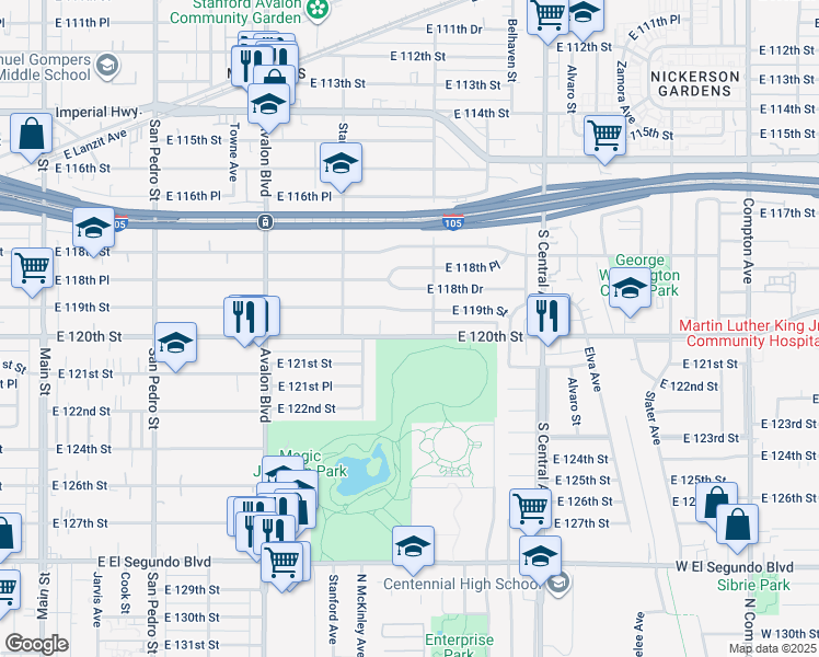 map of restaurants, bars, coffee shops, grocery stores, and more near 843 East 120th Street in Los Angeles