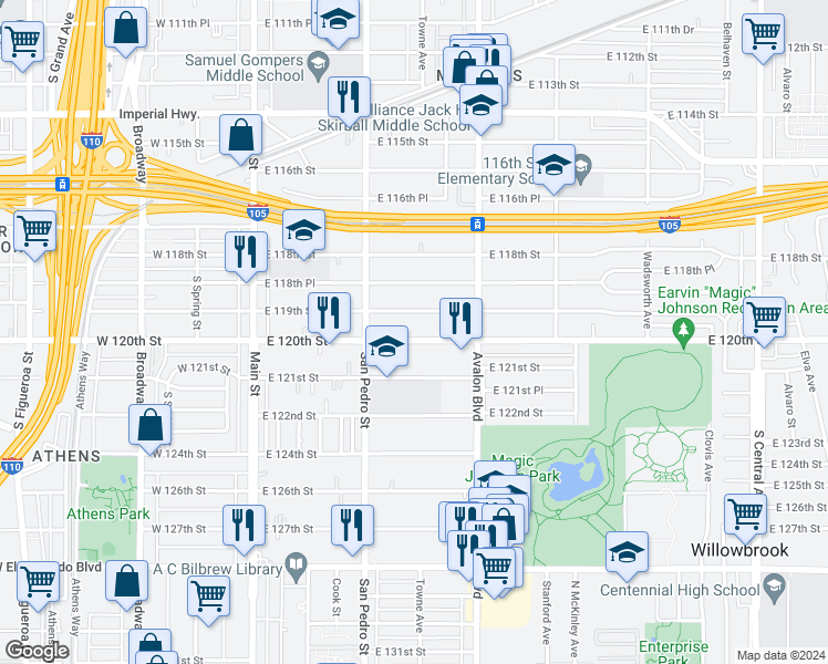 map of restaurants, bars, coffee shops, grocery stores, and more near 401 East 120th Street in Los Angeles