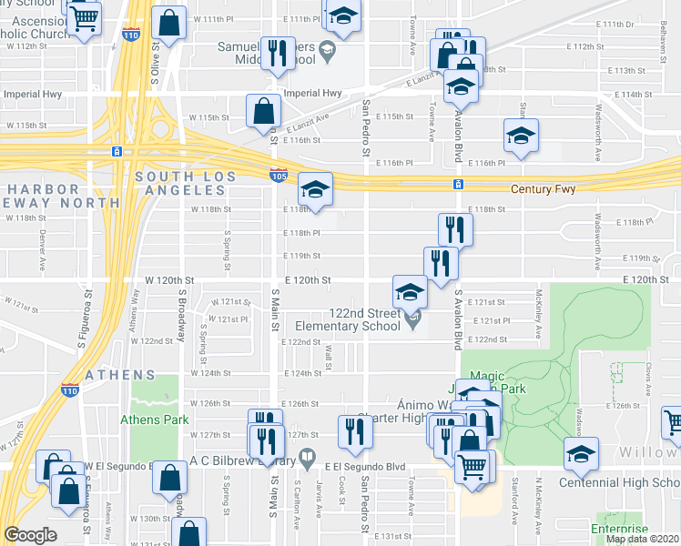 map of restaurants, bars, coffee shops, grocery stores, and more near 235 East 120th Street in Los Angeles