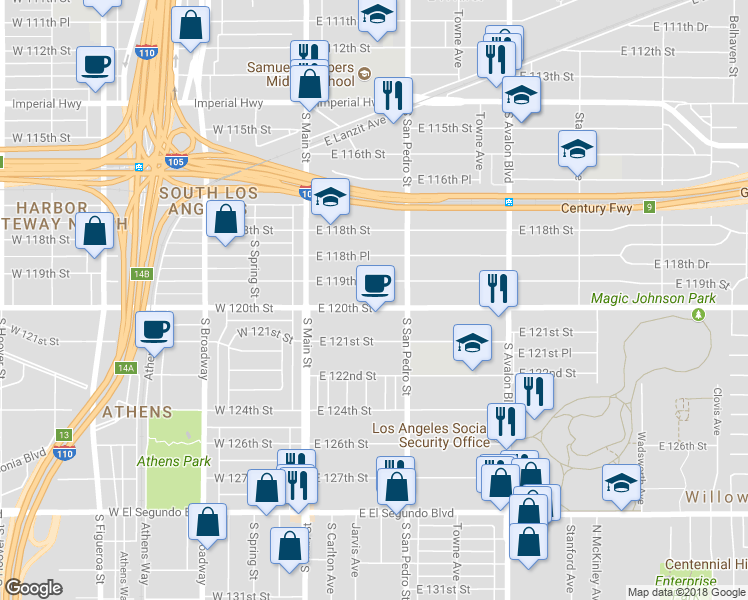 map of restaurants, bars, coffee shops, grocery stores, and more near 235 East 120th Street in Los Angeles