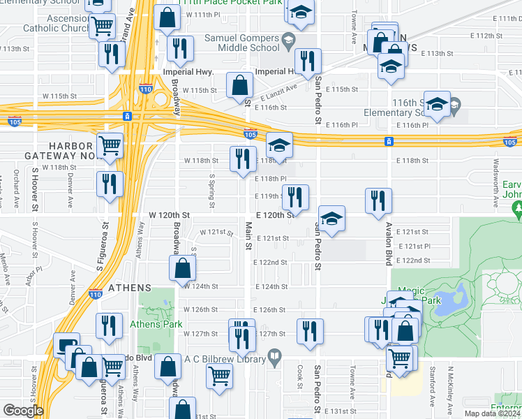 map of restaurants, bars, coffee shops, grocery stores, and more near in Los Angeles