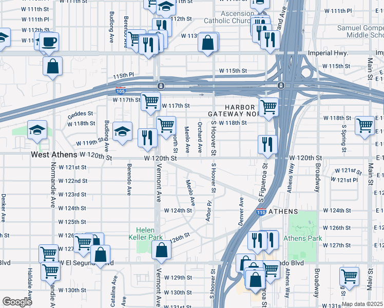 map of restaurants, bars, coffee shops, grocery stores, and more near 735 West 120th Street in Los Angeles