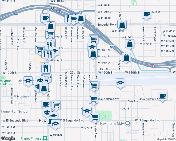 map of restaurants, bars, coffee shops, grocery stores, and more near 11981 York Avenue in Hawthorne