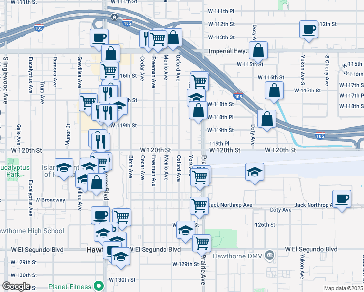 map of restaurants, bars, coffee shops, grocery stores, and more near 11981 York Avenue in Hawthorne