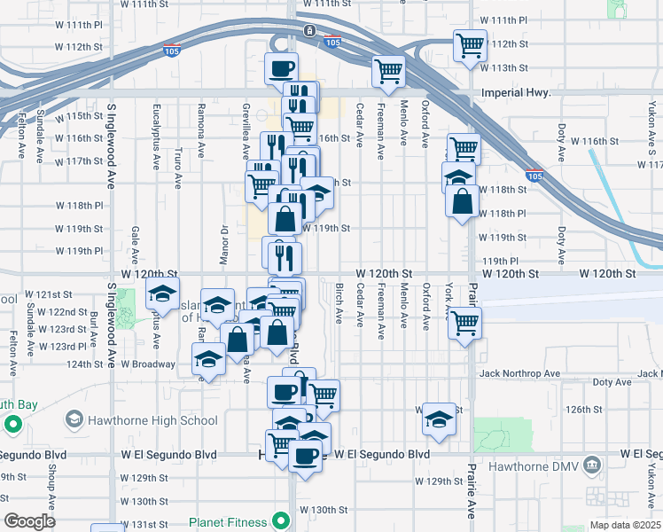 map of restaurants, bars, coffee shops, grocery stores, and more near 4277 West 120th Street in Hawthorne