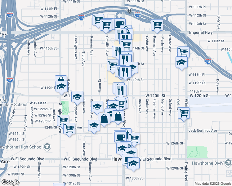 map of restaurants, bars, coffee shops, grocery stores, and more near 4433 West 120th Street in Hawthorne