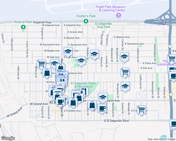 map of restaurants, bars, coffee shops, grocery stores, and more near 613 Sheldon Street in El Segundo