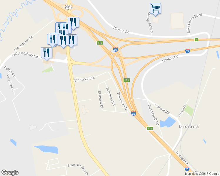 map of restaurants, bars, coffee shops, grocery stores, and more near 1015 Starcrest Road in West Columbia