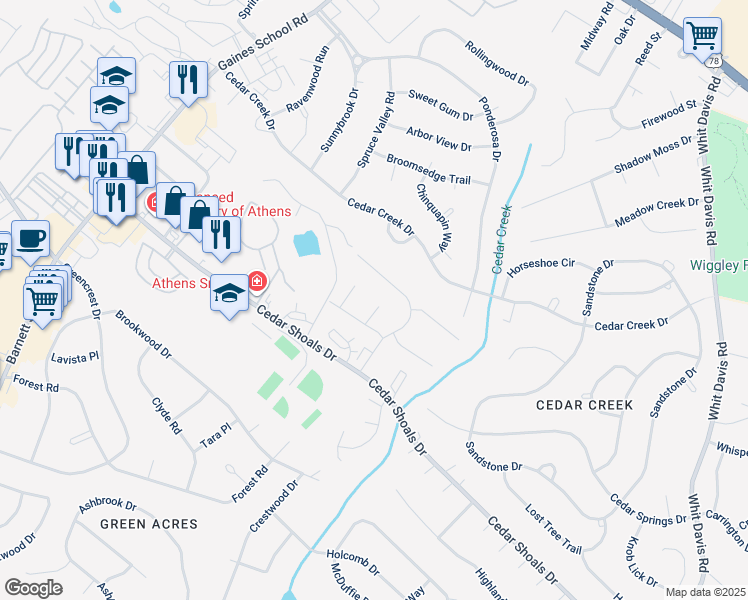 map of restaurants, bars, coffee shops, grocery stores, and more near 104 Vintage Court in Athens
