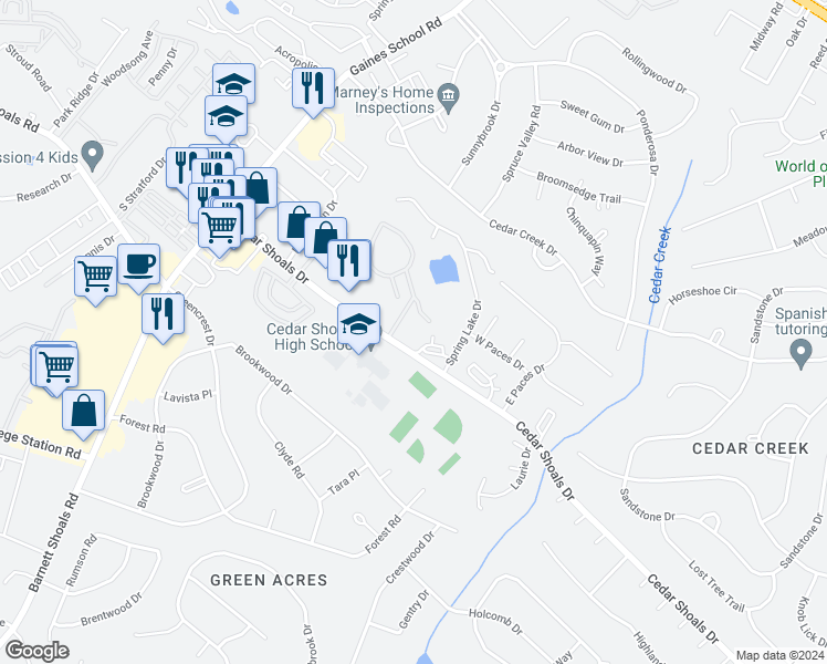 map of restaurants, bars, coffee shops, grocery stores, and more near 1291 Cedar Shoals Drive in Athens