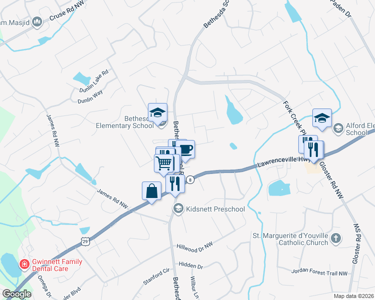 map of restaurants, bars, coffee shops, grocery stores, and more near 568 Musical Court in Lawrenceville